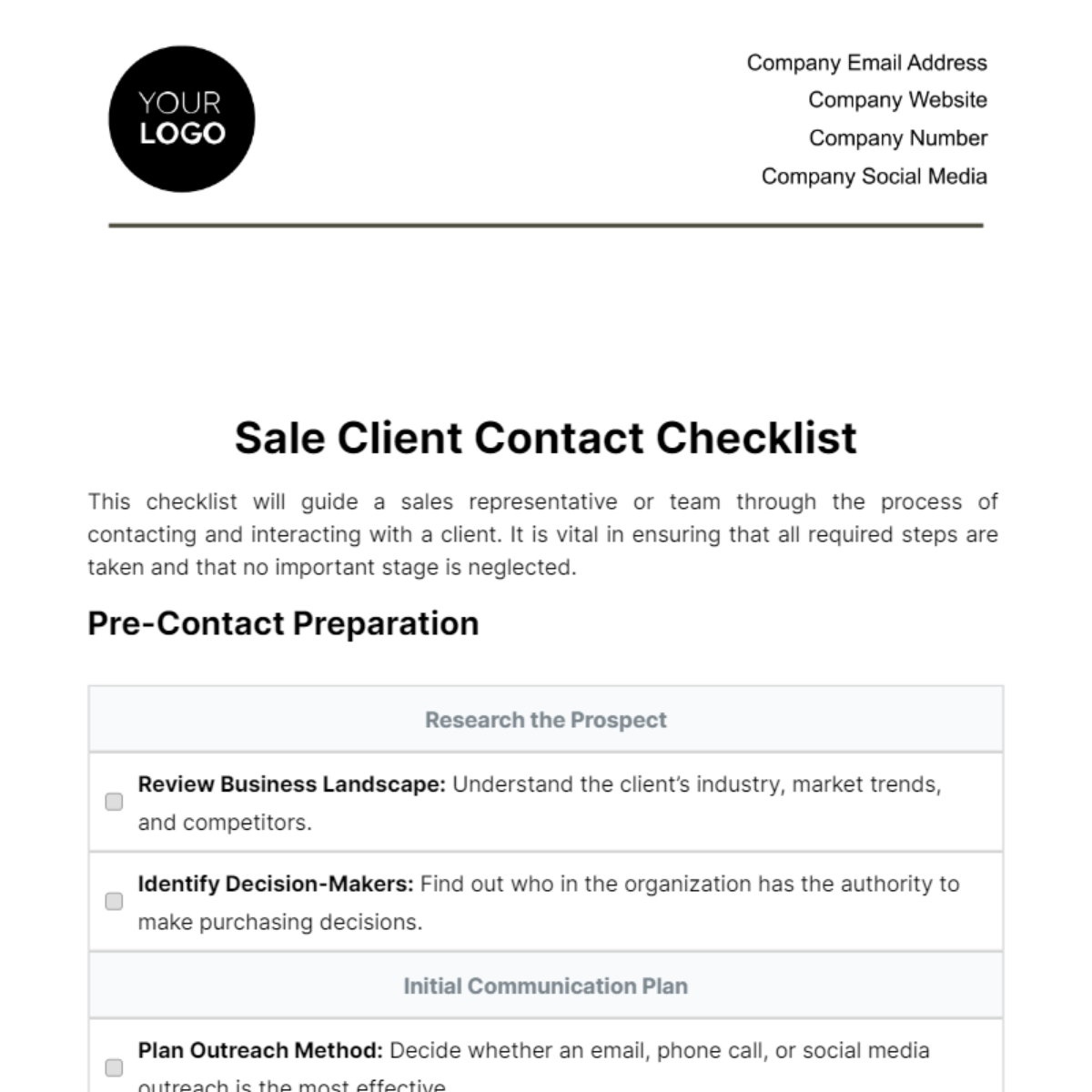 Sales Client Contact Checklist Template - Edit Online & Download