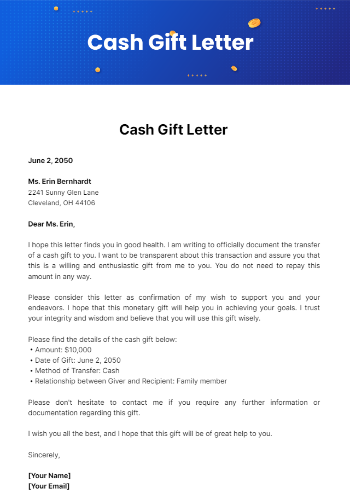 Cash Gift Letter Template - Edit Online & Download