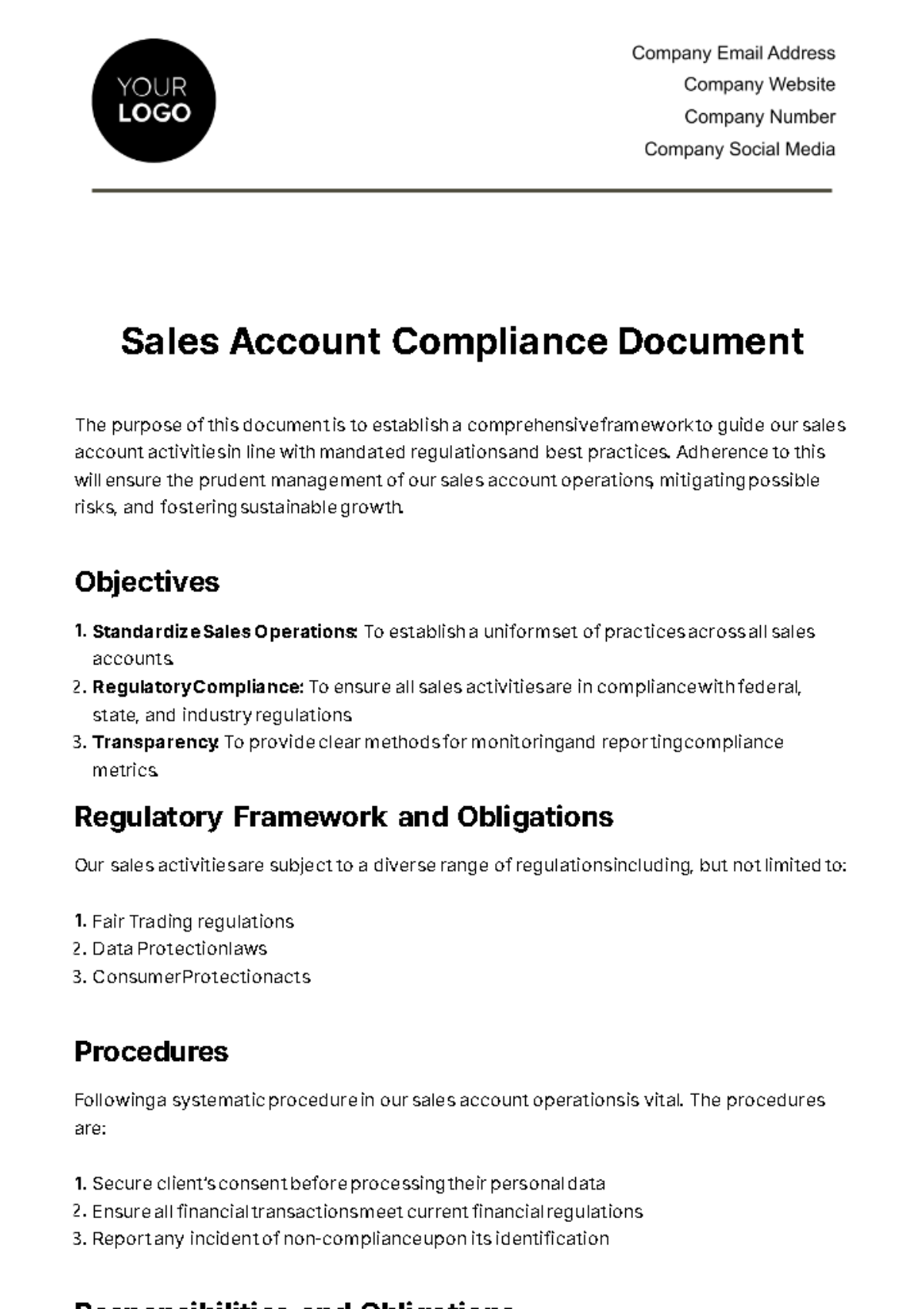 Sales Account Compliance Document Template