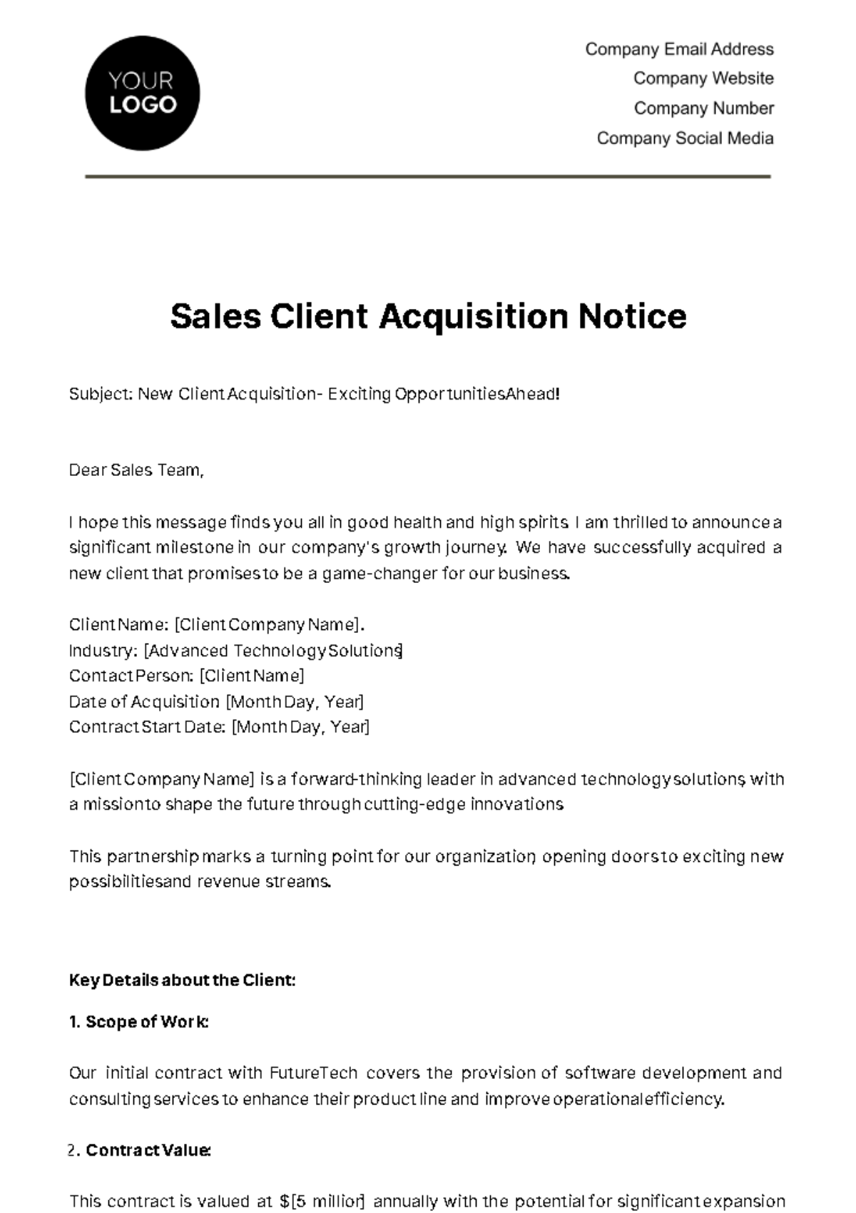 Sales Client Acquisition Notice Template