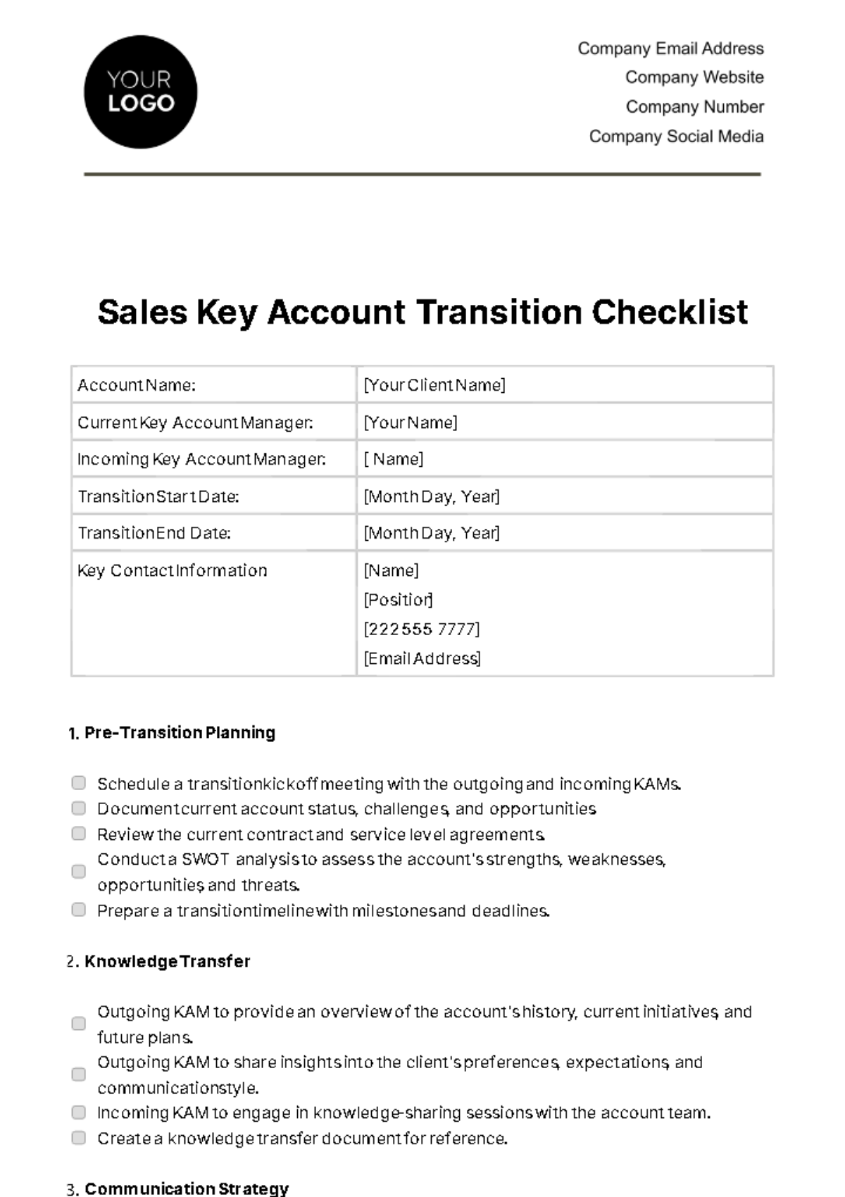 Sales Key Account Transition Checklist Template