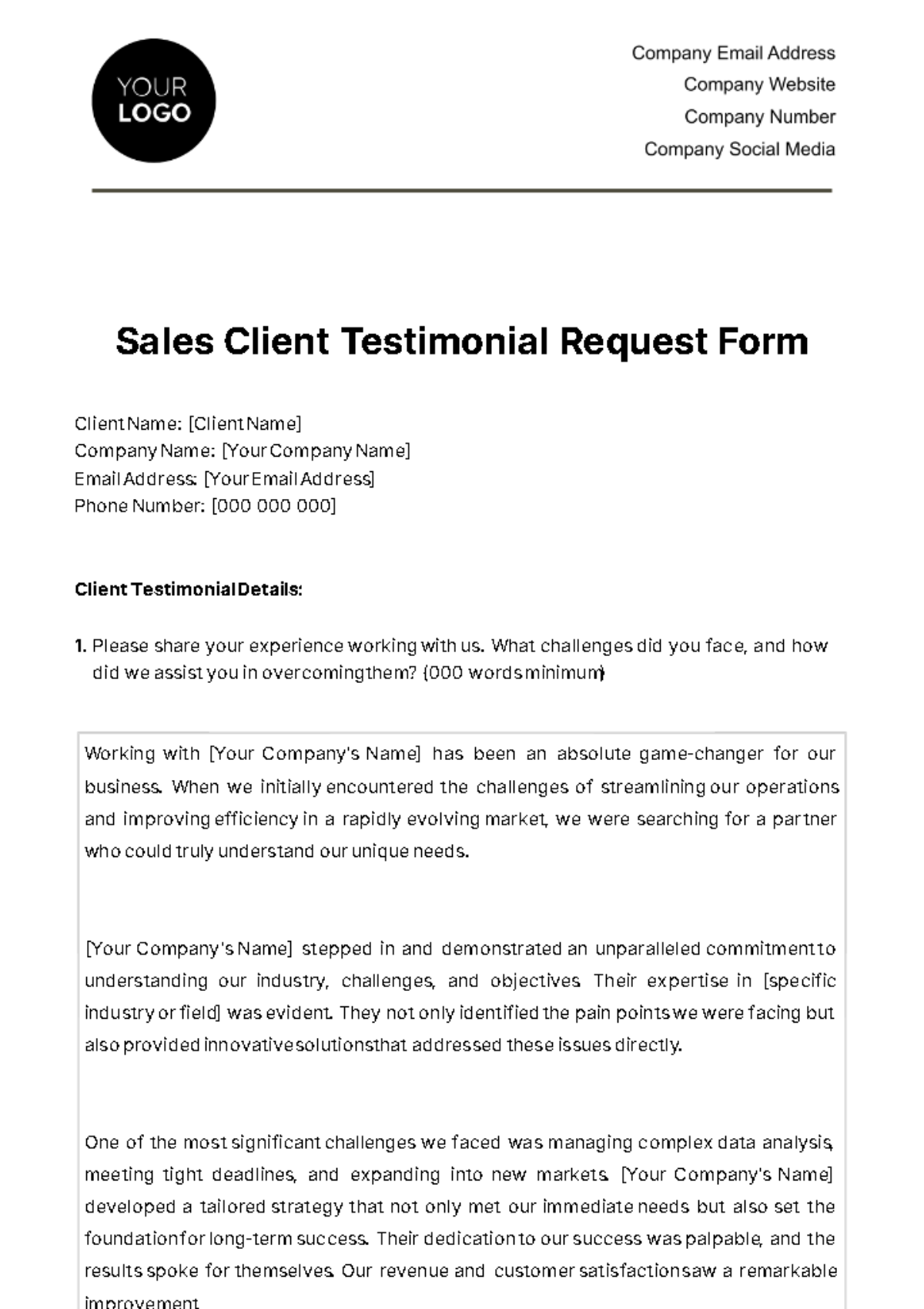 Sales Client Testimonial Request Form Template