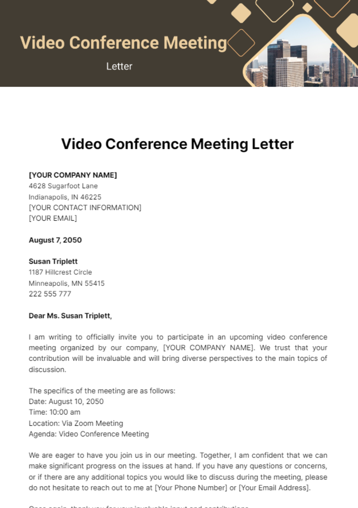 Video Conference Meeting Letter Template - Edit Online & Download