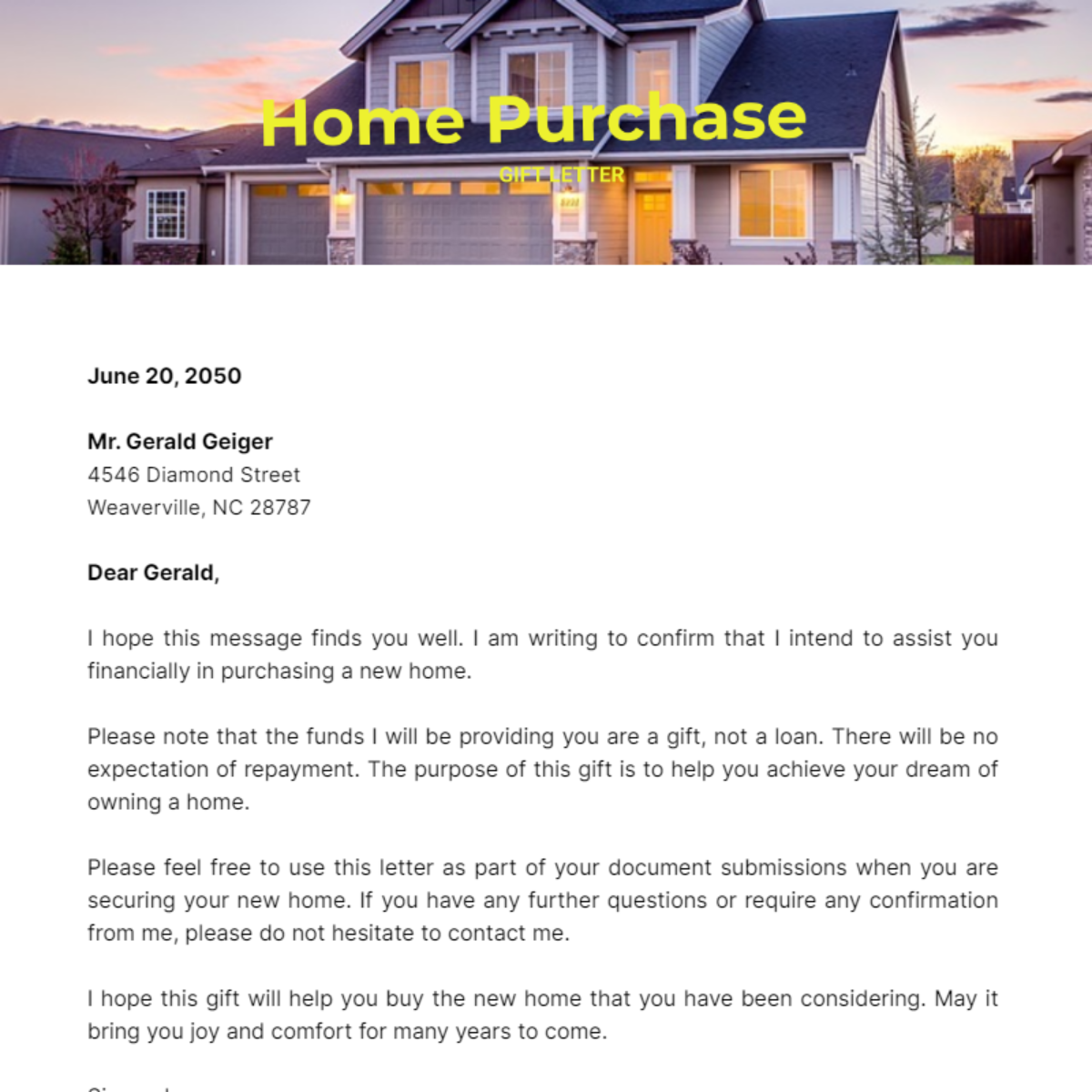 Home Purchase Gift Letter Template - Edit Online & Download