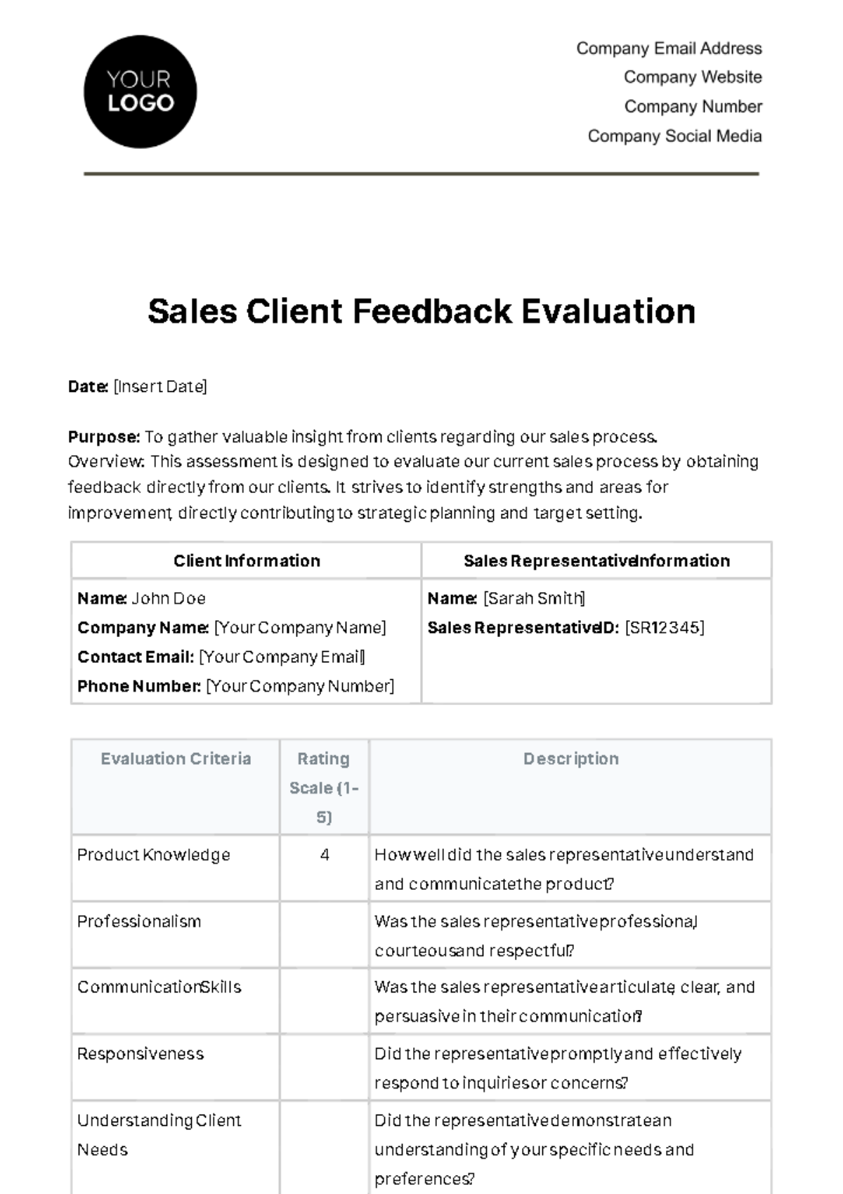 Free Sales Client Feedback Evaluation Template