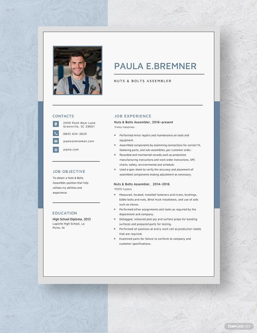 Free Nuts & Bolts Assembler Resume in Word, Apple Pages
