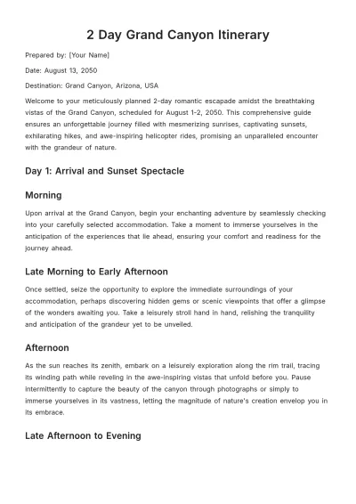 Free 2 Day Grand Canyon Itinerary Template to Edit Online