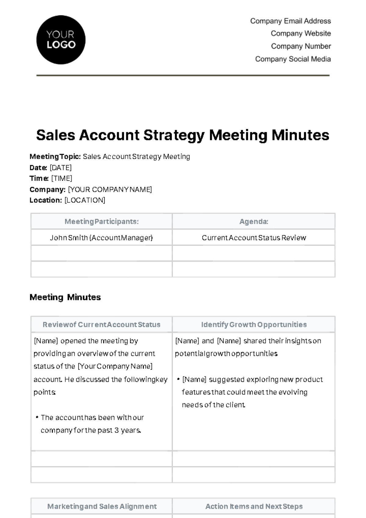 Sales Account Strategy Meeting Minute Template