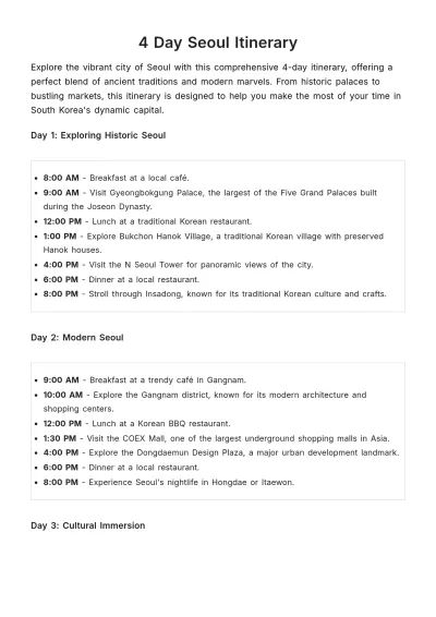 Free 4 Day Seoul Itinerary Template to Edit Online