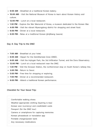 Free 4 Day Seoul Itinerary Template to Edit Online