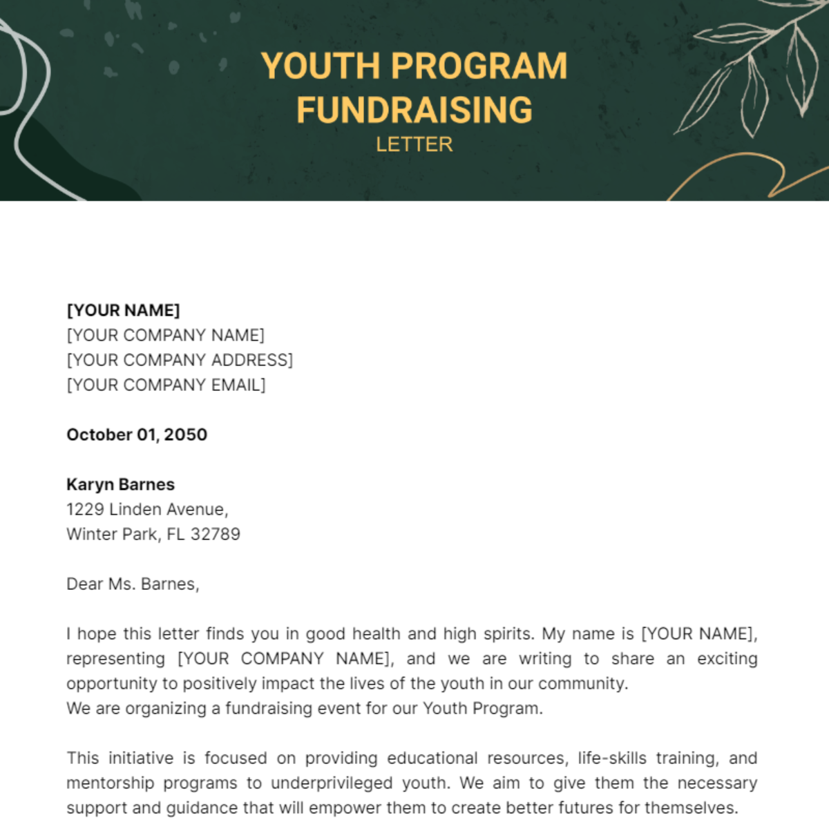 Youth Program Fundraising Letter Template - Edit Online & Download