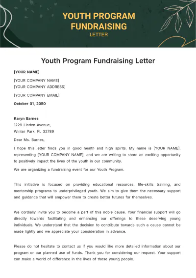 Free Youth Program Fundraising Letter Template to Edit Online