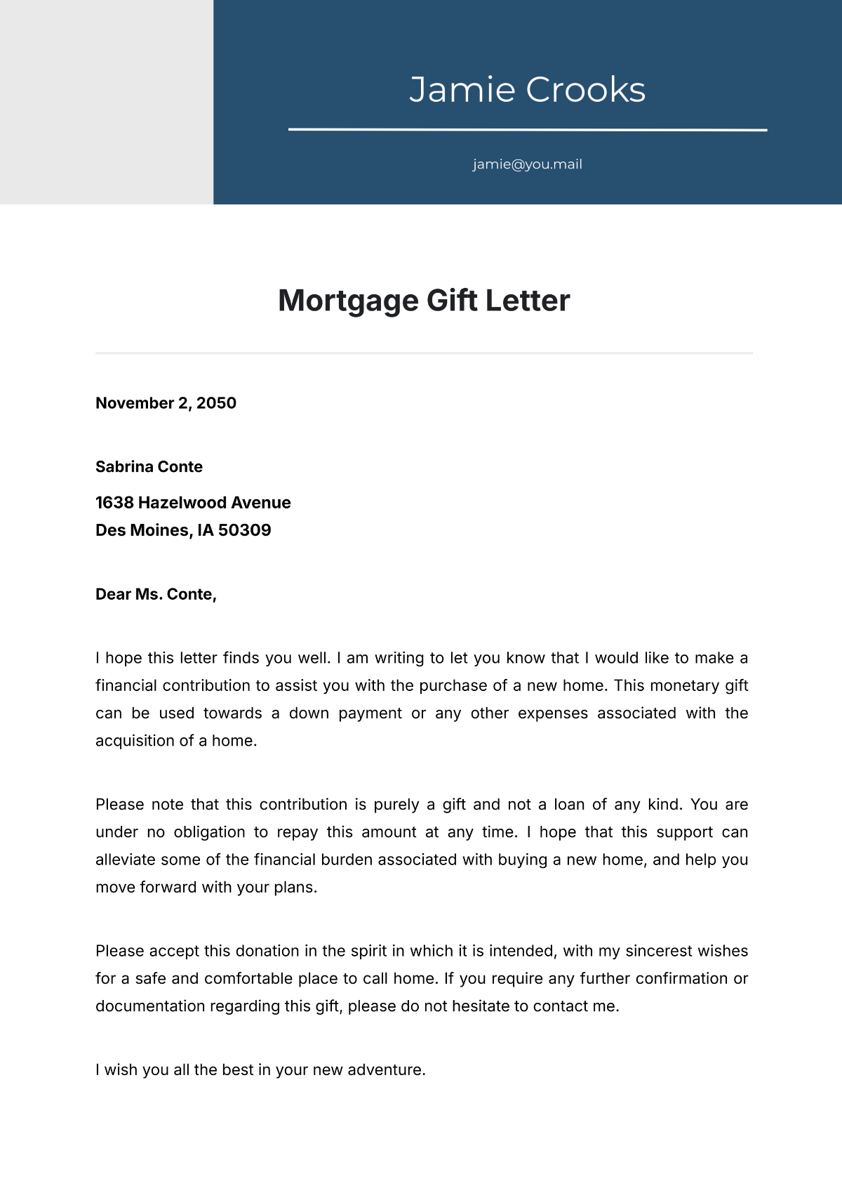 Mortgage Gift Letter Template - Edit Online & Download