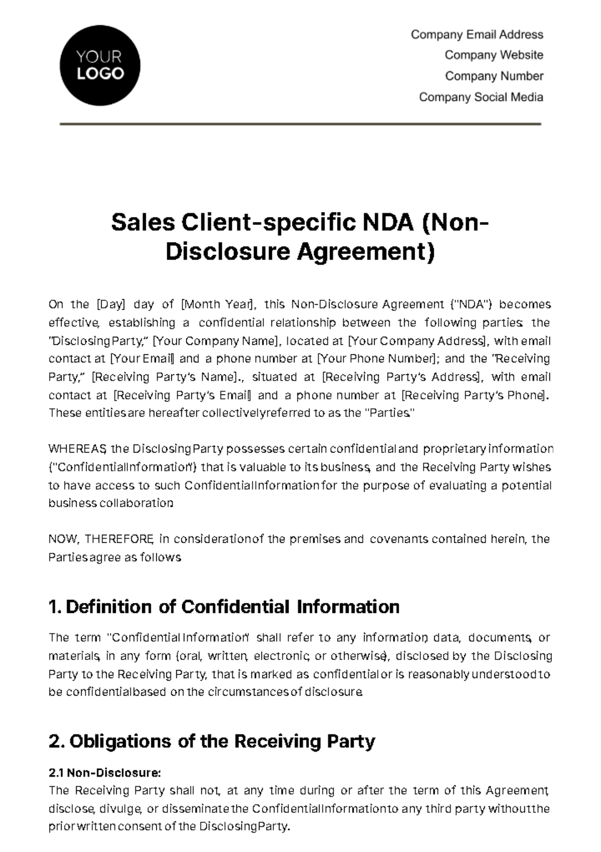 Sales Client-specific NDA (Non-Disclosure Agreement) Template