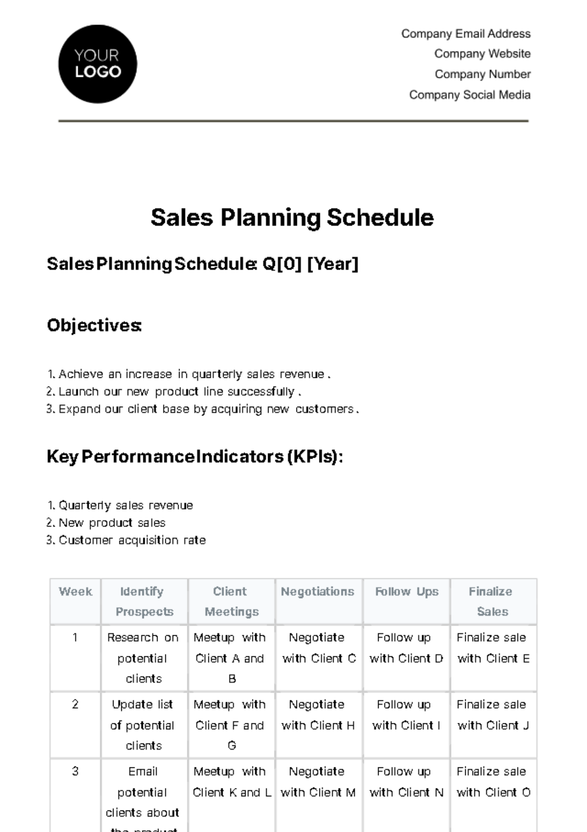 Sales Planning Schedule Template