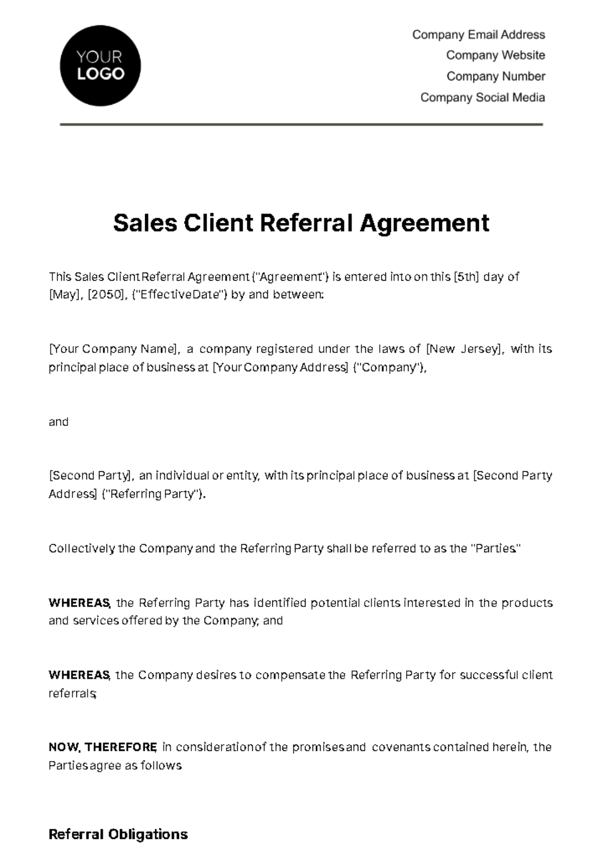 Sales Client Referral Agreement Template