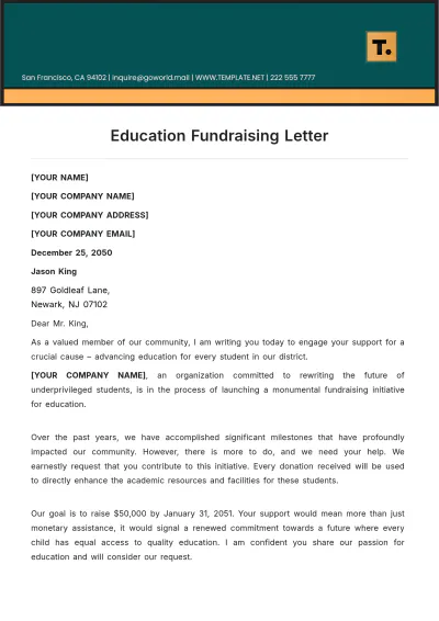 Free Education Fundraising Letter Template to Edit Online