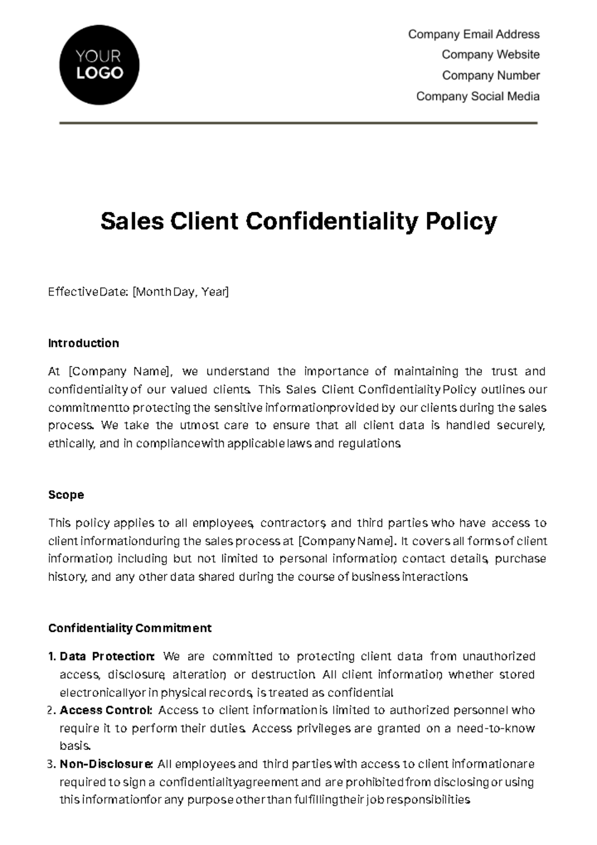 Sales Client Confidentiality Policy Template