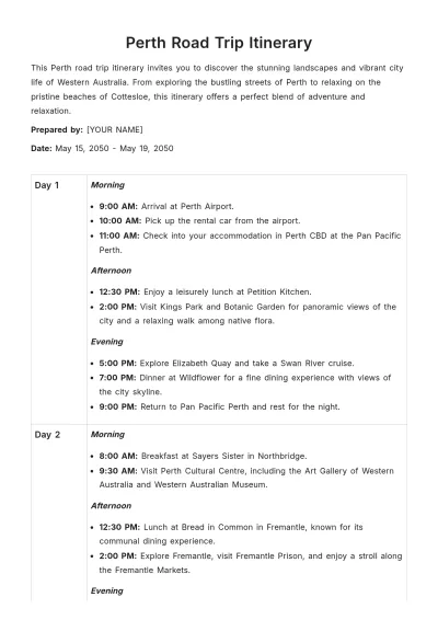 Free Perth Road Trip Itinerary Template to Edit Online