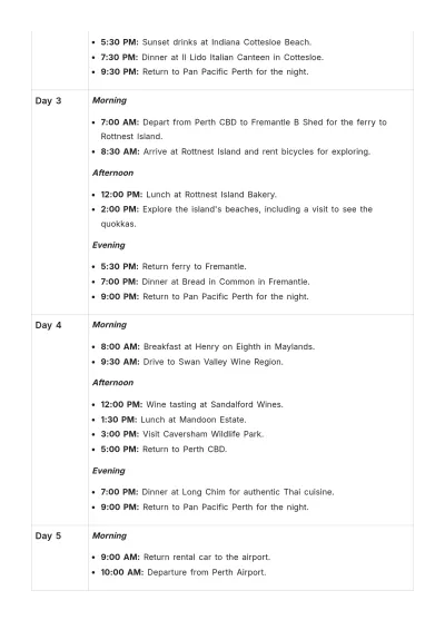 Free Perth Road Trip Itinerary Template to Edit Online