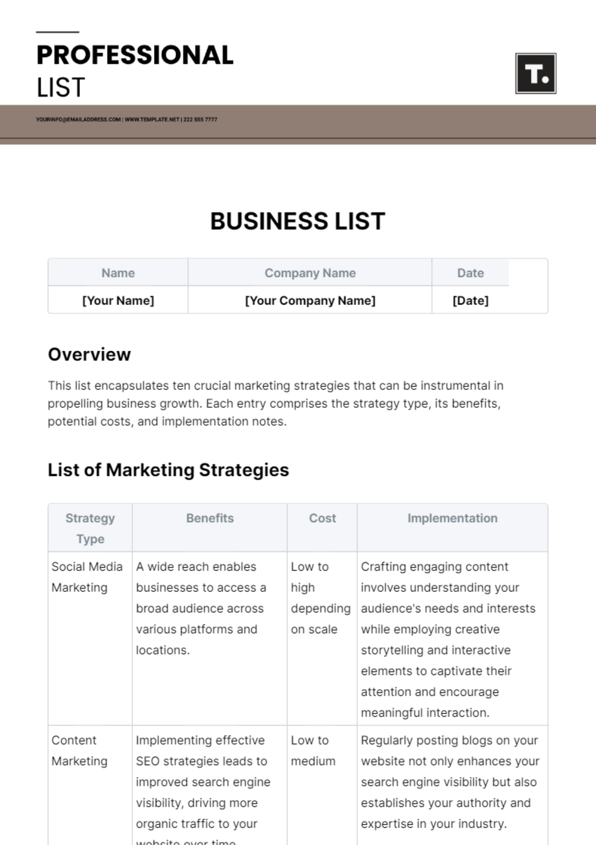 Business List Template - Edit Online & Download