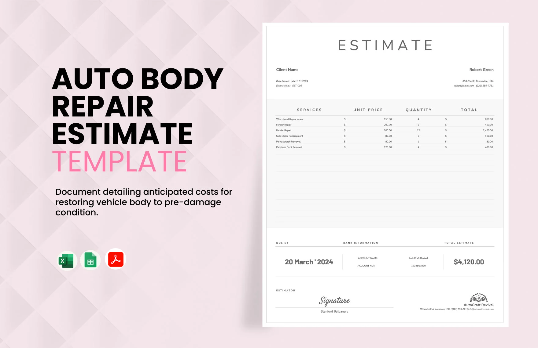 Auto Body Repair Estimate Template in Excel, PDF, Google Sheets