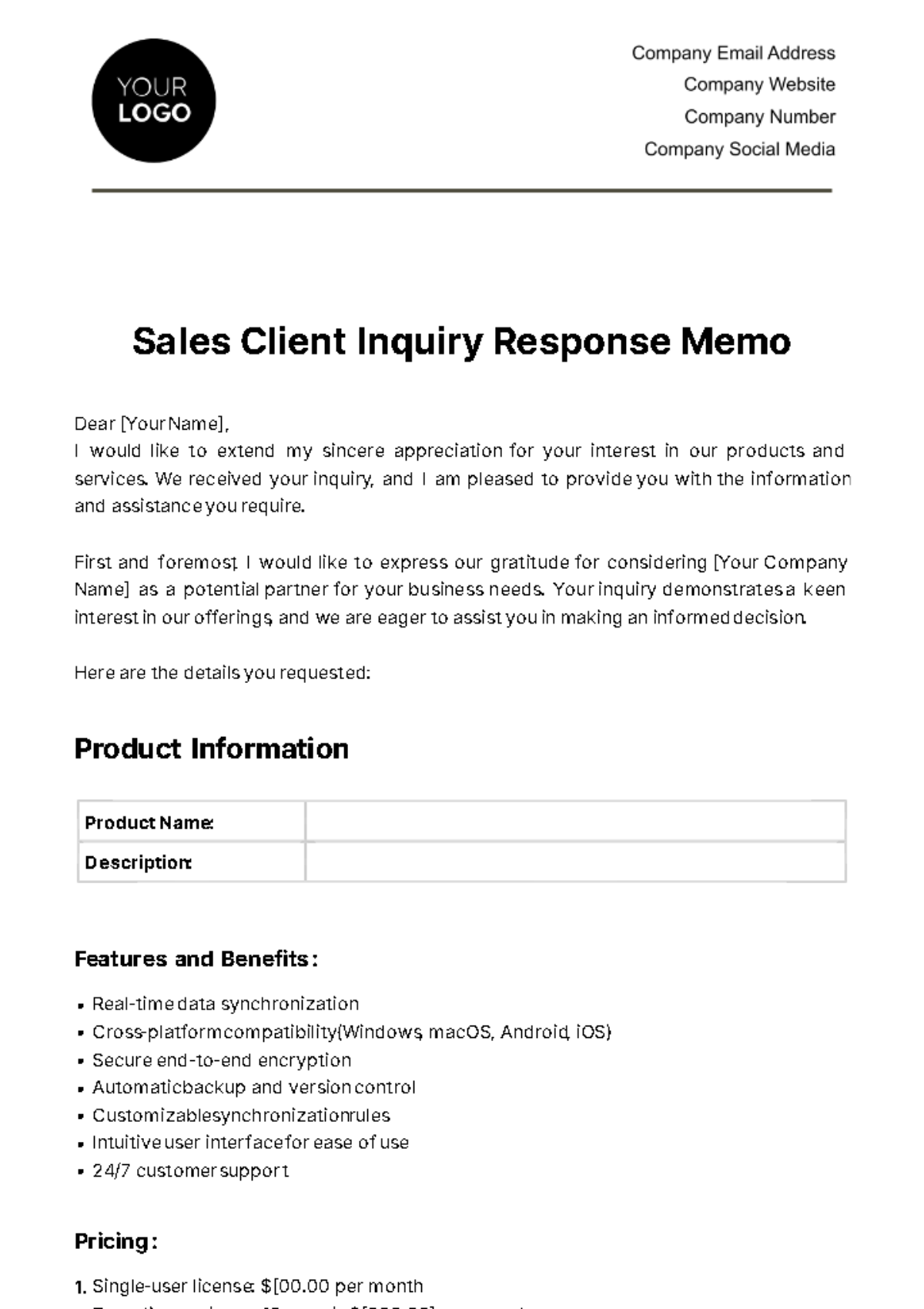 Free Sales Client Inquiry Response Memo Template