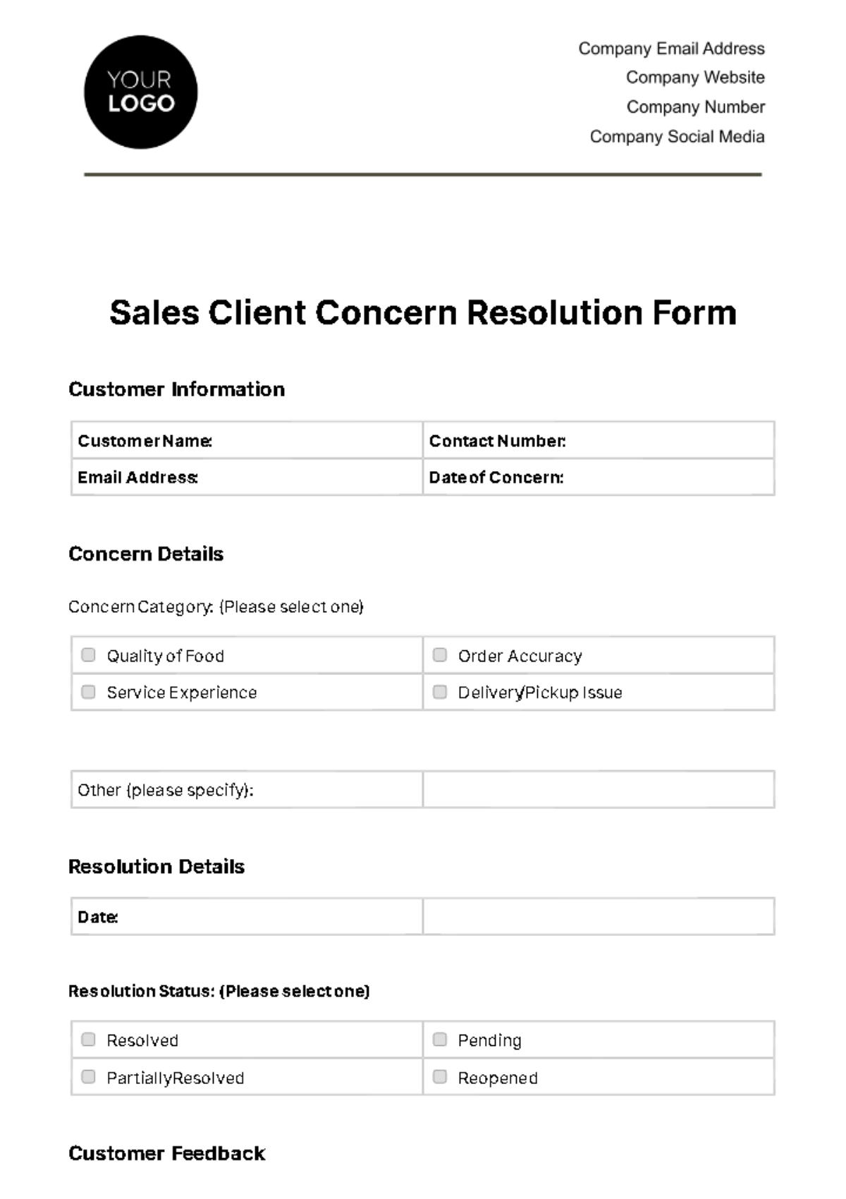 Free Sales Client Concern Resolution Form Template