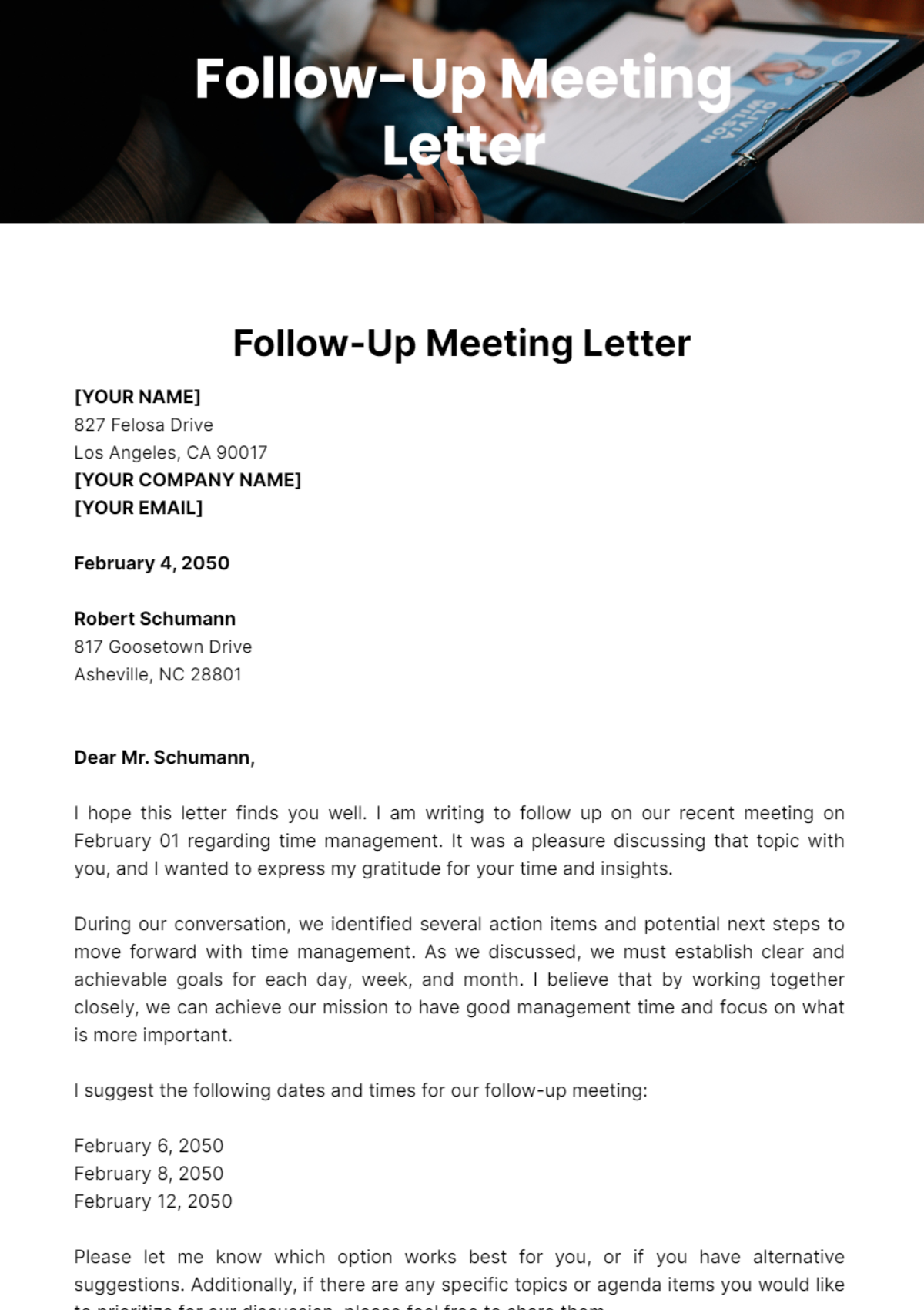 Follow-Up Meeting Letter Template - Edit Online & Download