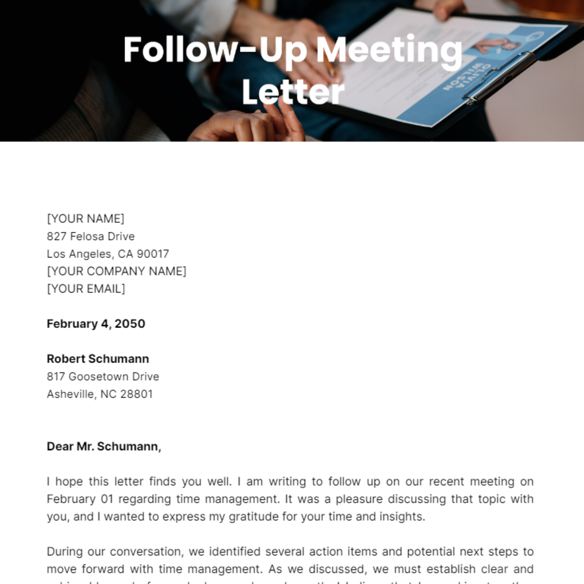 Follow-Up Meeting Letter Template - Edit Online & Download