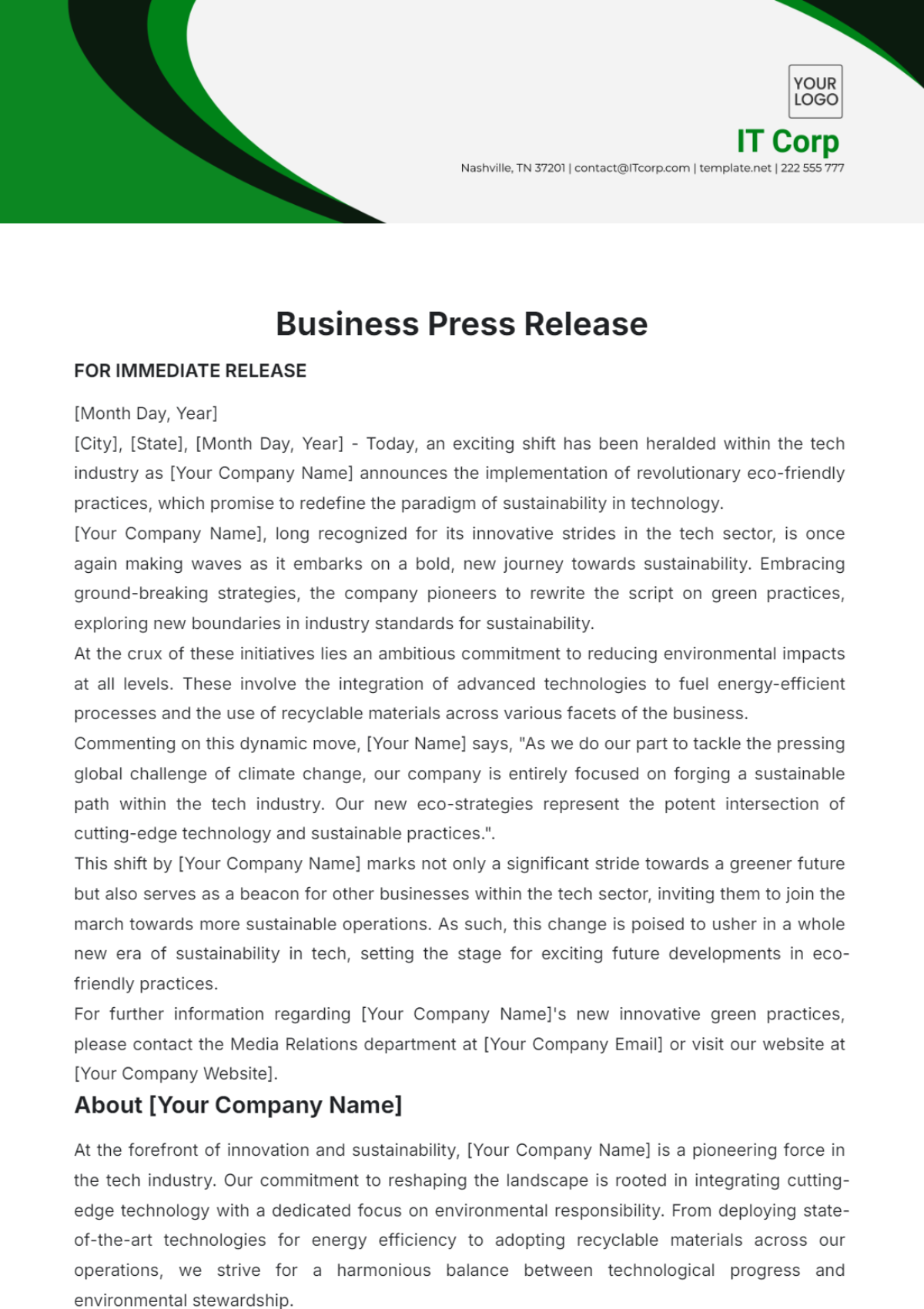 Business Press Release Template