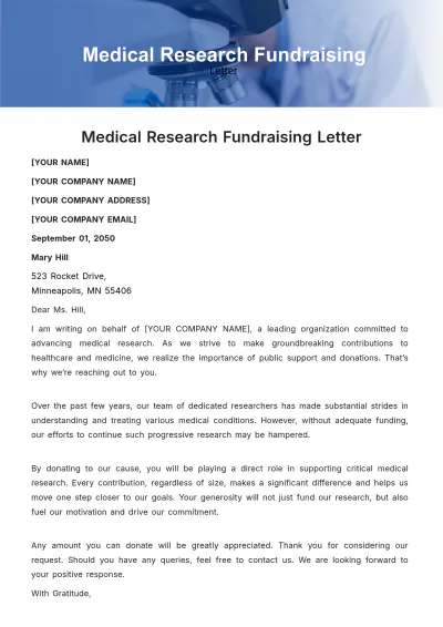 Free Medical Research Fundraising Letter Template to Edit Online