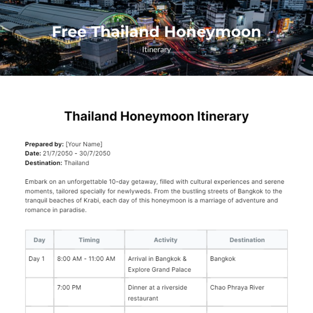 Thailand Honeymoon Itinerary Template Edit Online Download Example   Thailand Honeymoon Itinerary Template Edit Online 1 