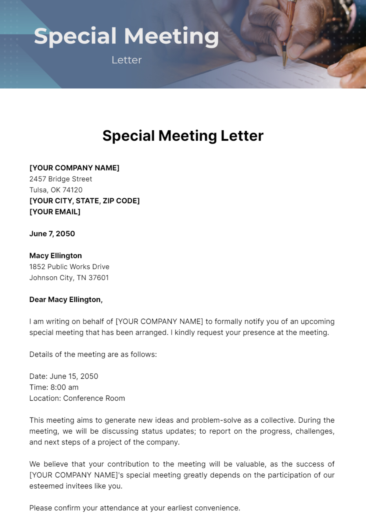 Special Meeting Letter Template