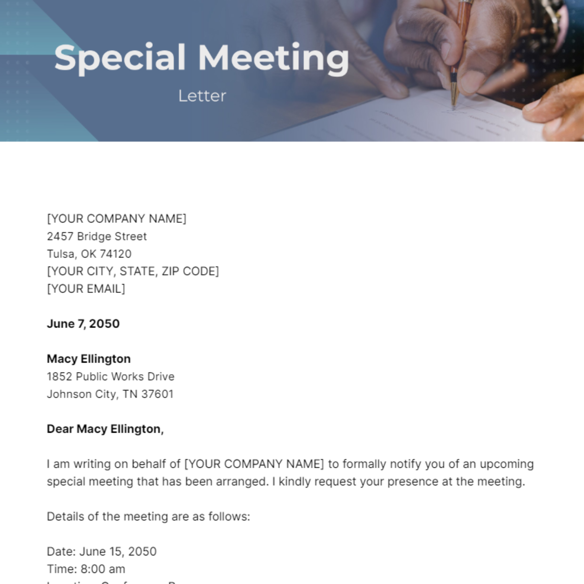 Special Meeting Letter Template - Edit Online & Download