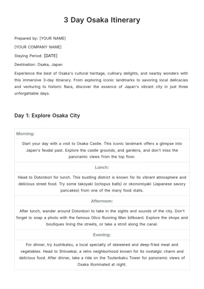 Free 3 Day Osaka Itinerary Template to Edit Online