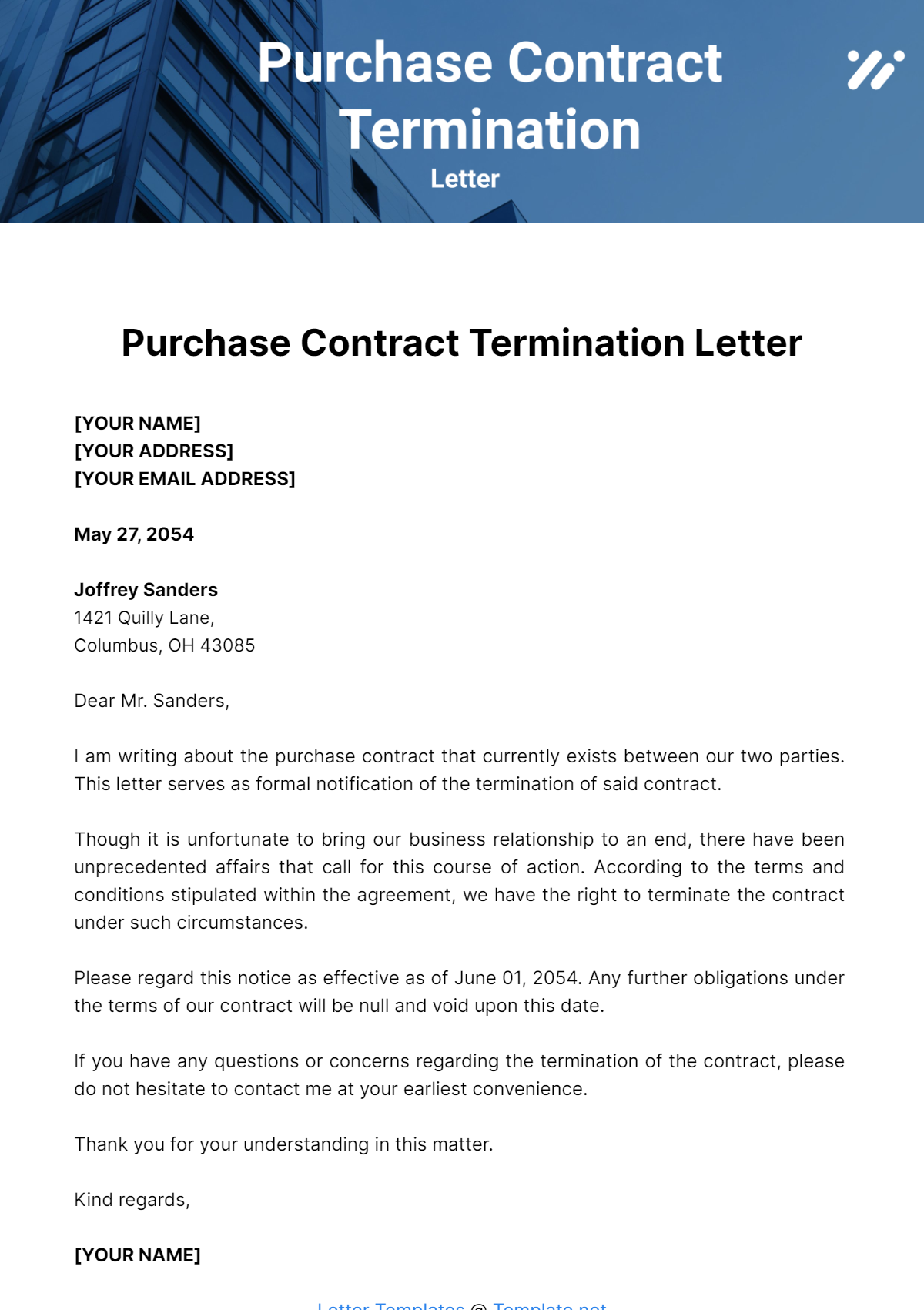 Purchase Contract Termination Letter Template