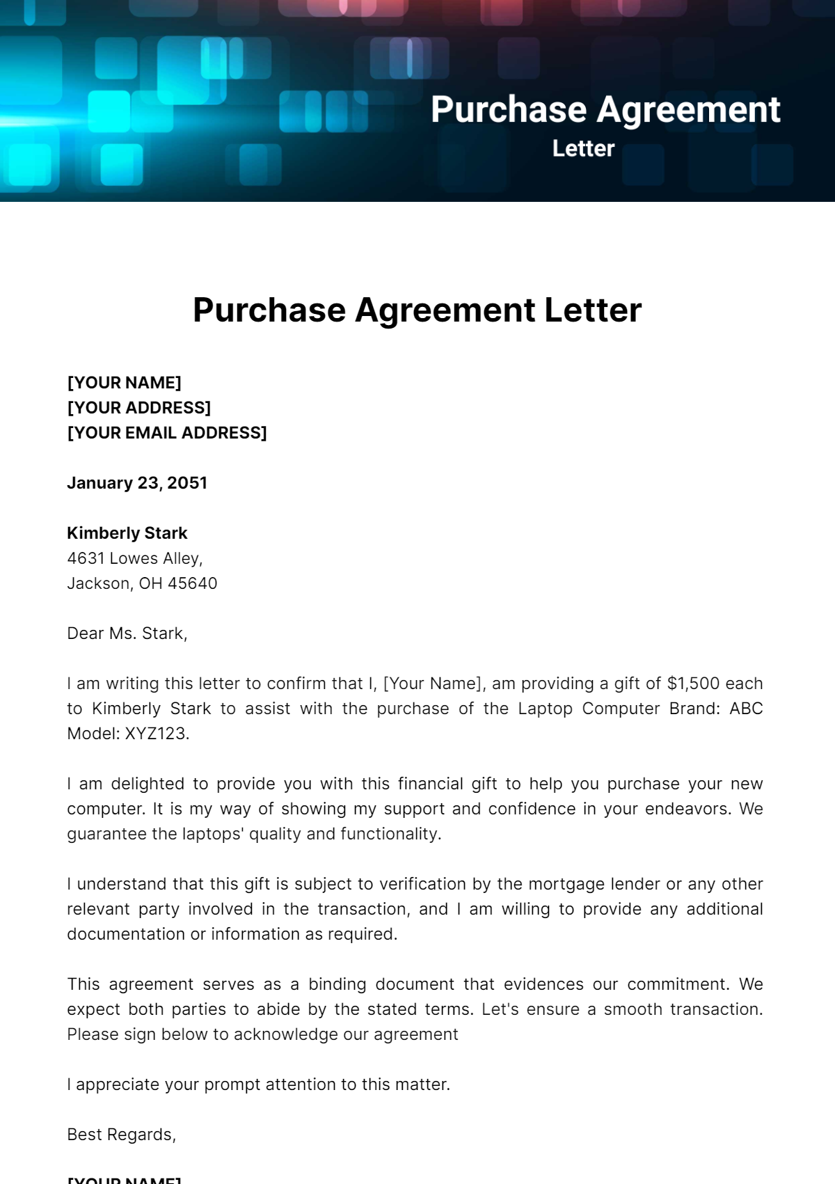 Purchase Agreement Letter Template