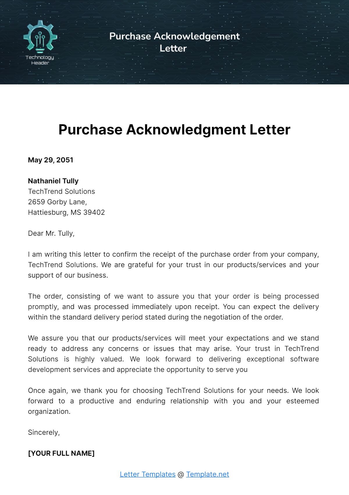 Purchase Acknowledgment Letter Template