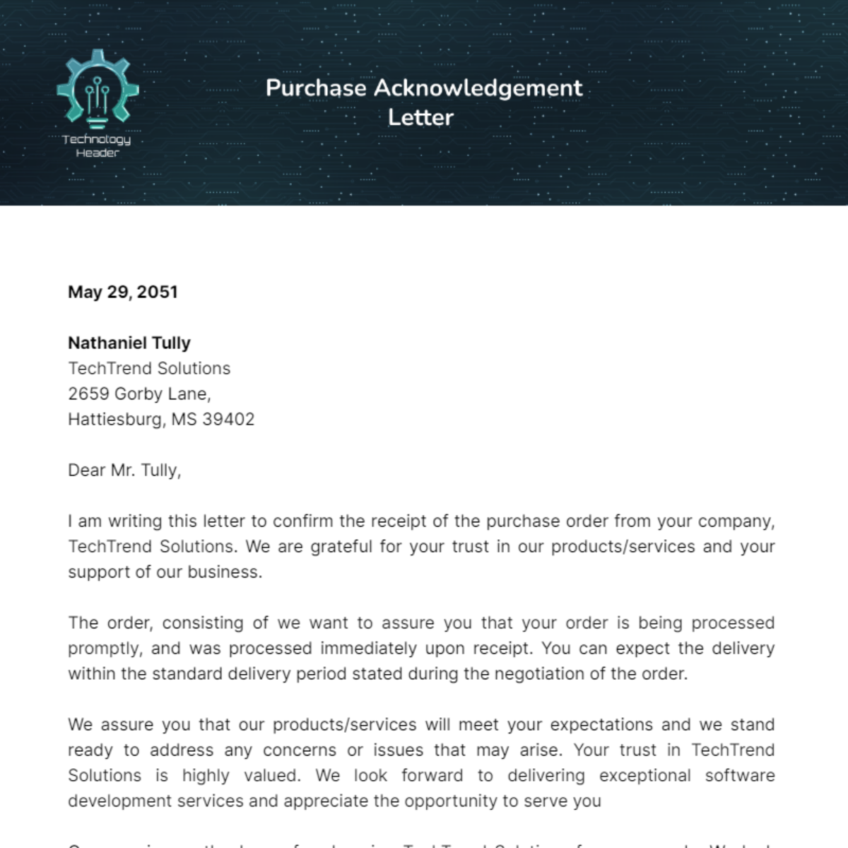 Purchase Acknowledgment Letter Template - Edit Online & Download ...