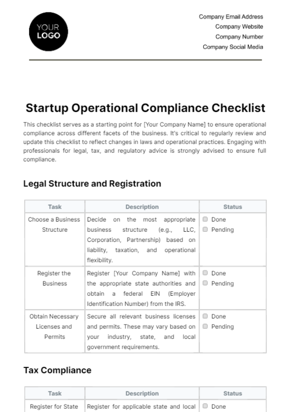 Free Startup Operational Compliance Checklist Template