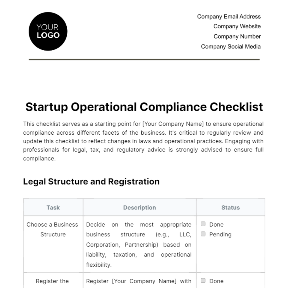 Startup Operational Compliance Checklist Template