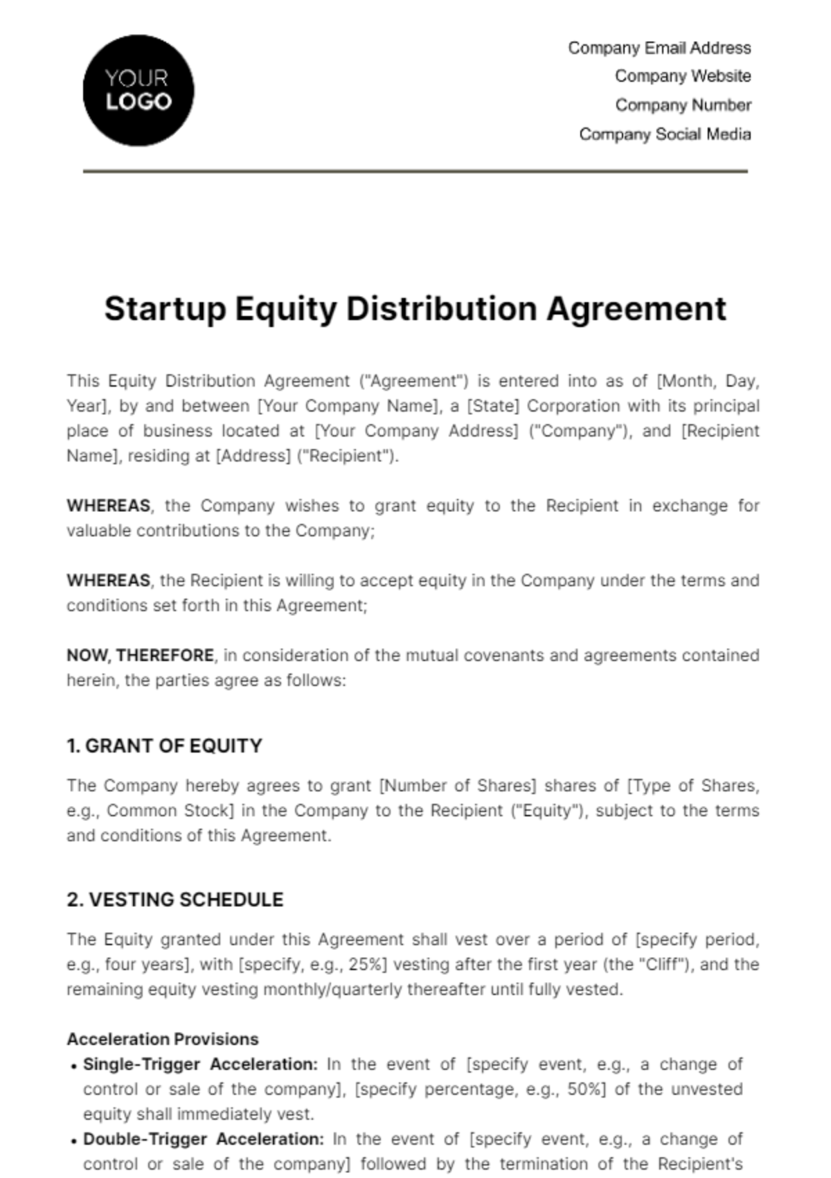 Startup Equity Distribution Agreement Template