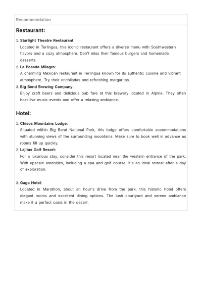 Free Big Bend Itinerary Template to Edit Online