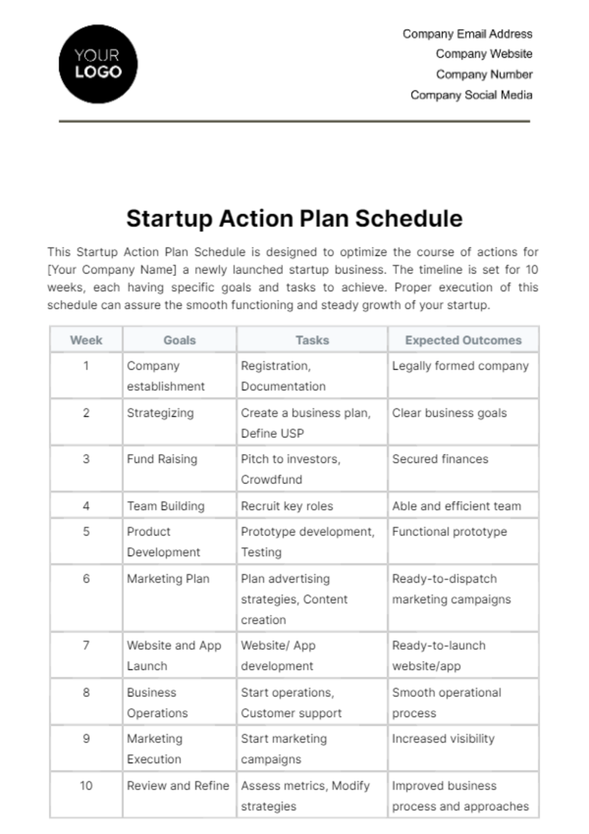 Startup Action Plan Schedule Template
