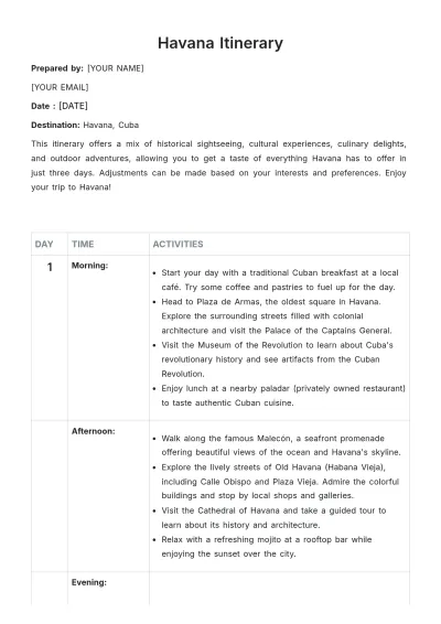 Free Havana Itinerary Template to Edit Online