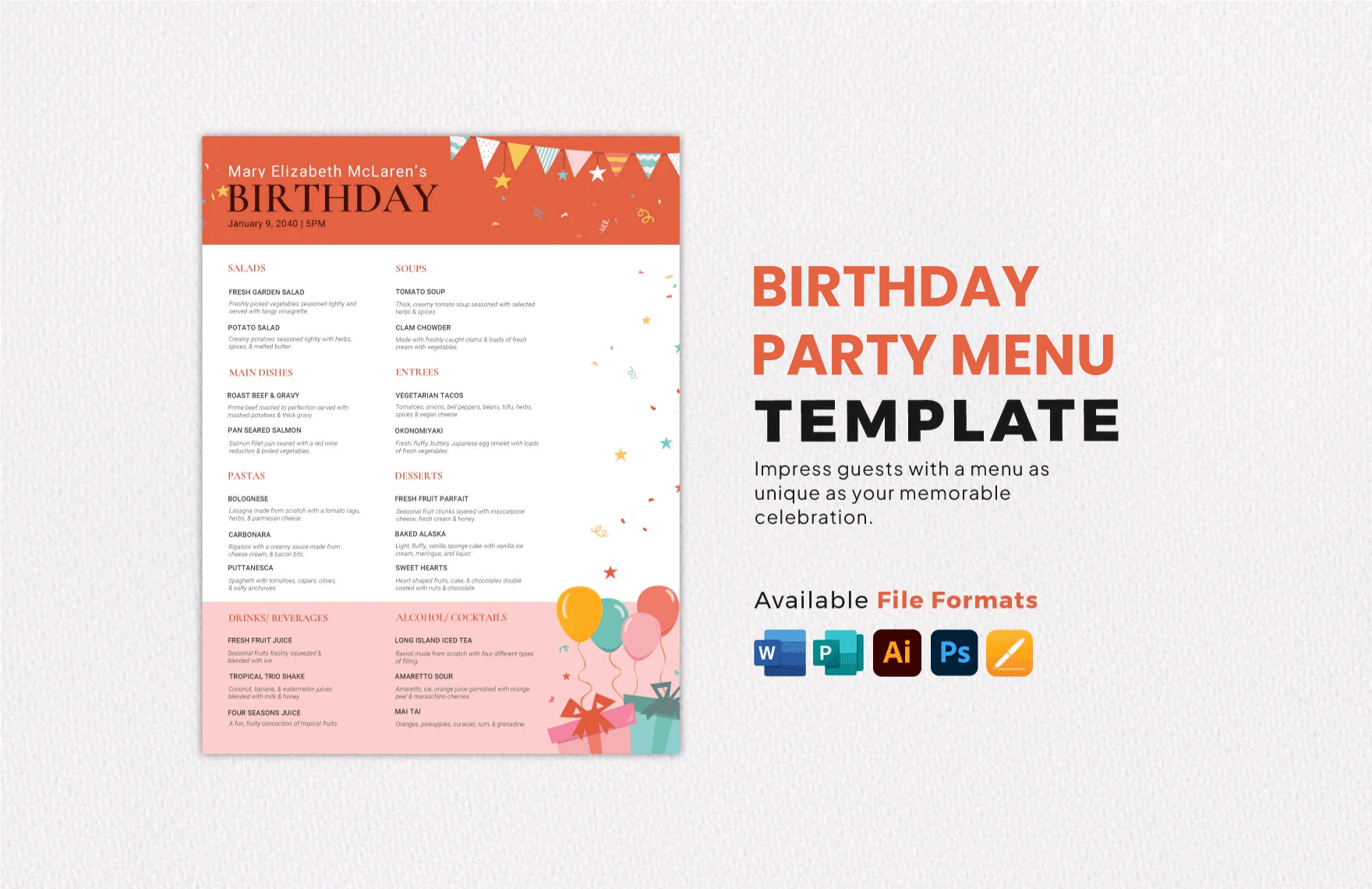 Free Birthday Party Menu Template in Word, Illustrator, PSD, Apple Pages, Publisher