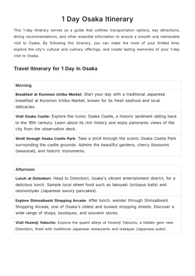 Free 1 Day Osaka Itinerary Template to Edit Online