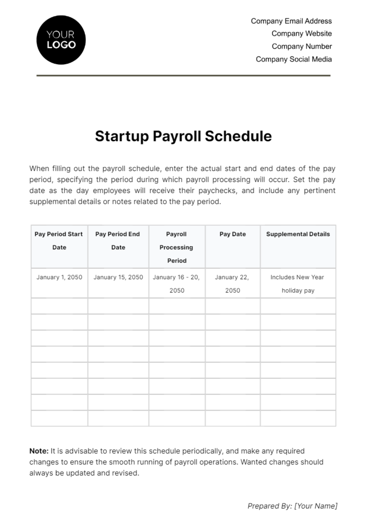 Startup Payroll Schedule Template