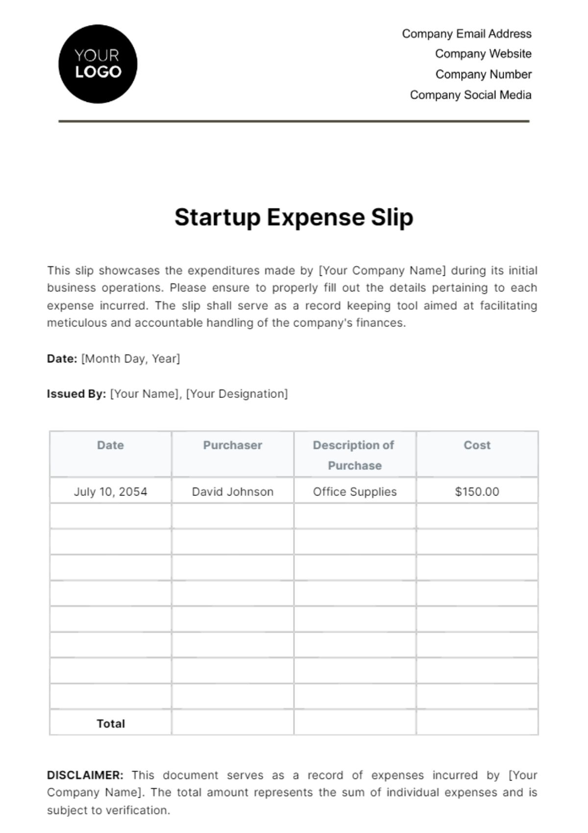 Free Startup Expense Slip Template